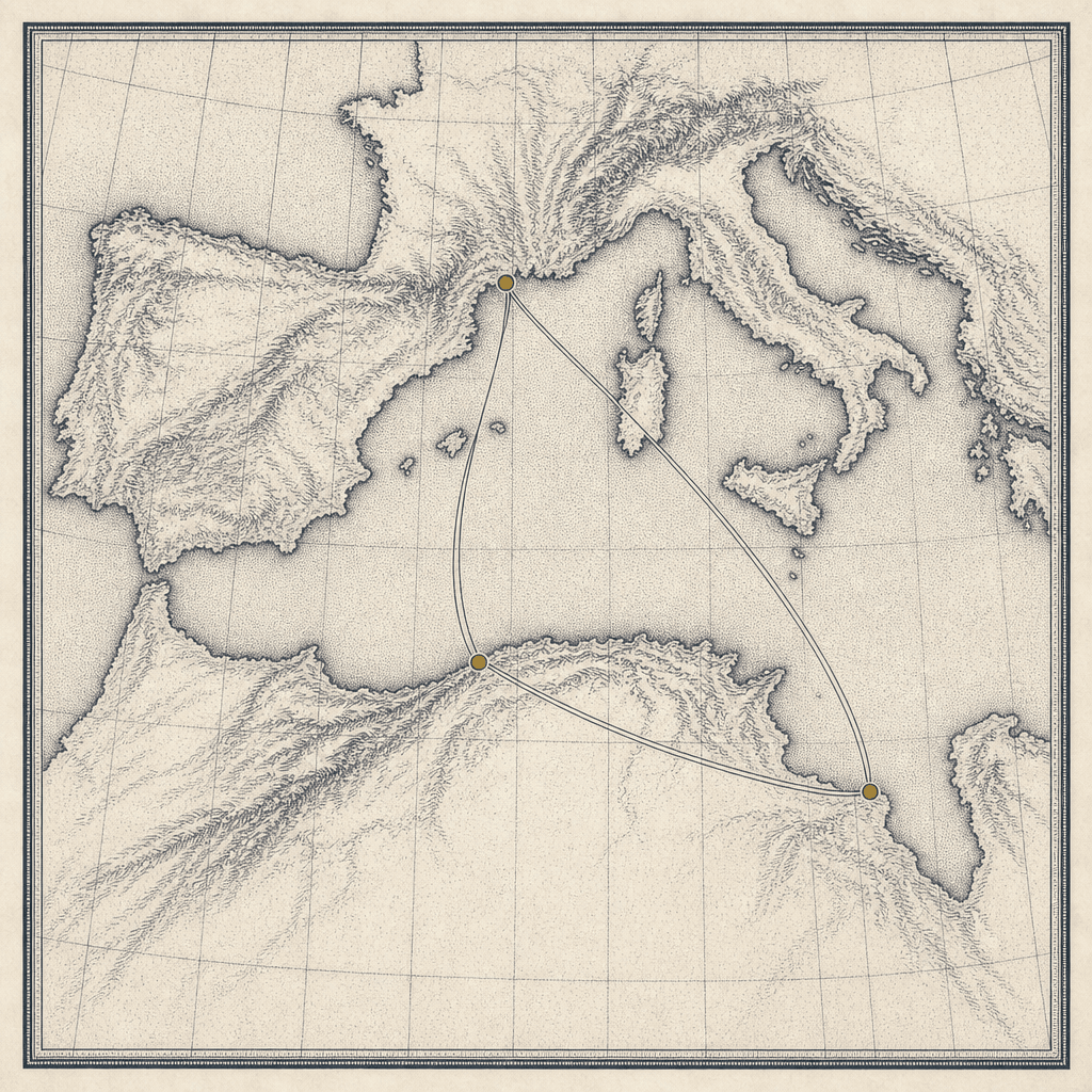 Engraved map of the western Mediterranean and North Africa, with hairline trade lines drawn between three gold nodes.