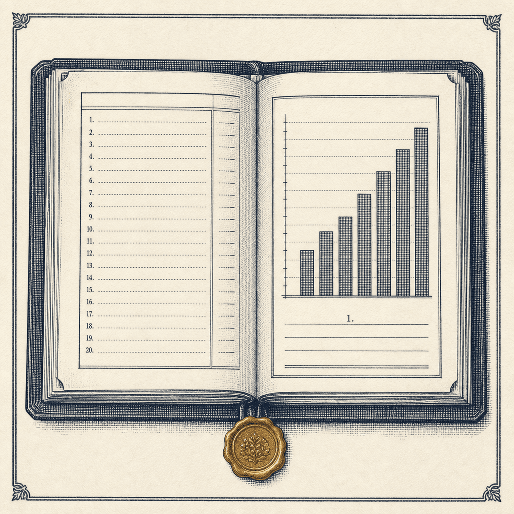 Engraved plate of an open dossier: a numbered table of contents on the left page, a chart and a captioned figure on the right, a gold seal below.